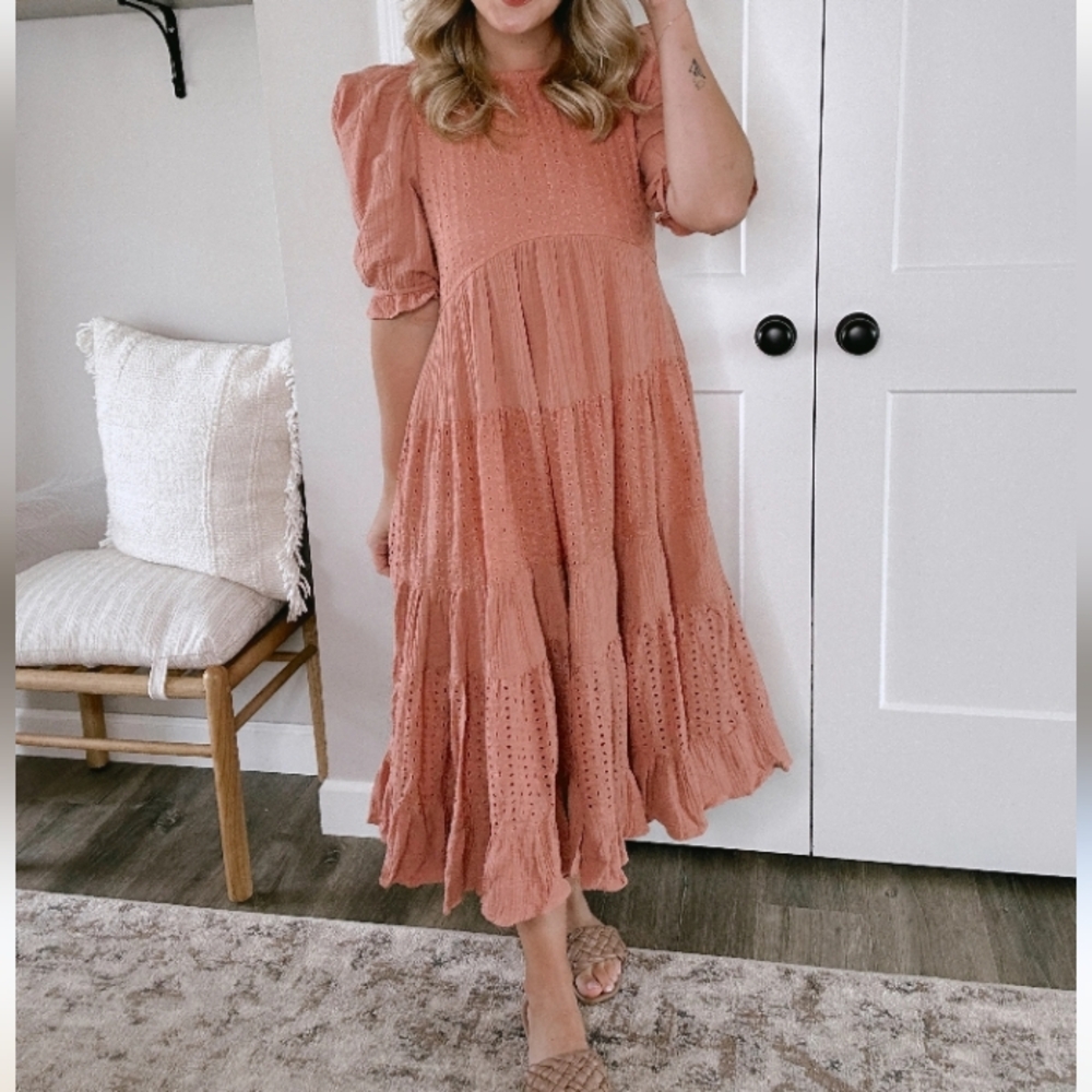 Pink Tiered Ruffled Long Sleeve Sundress